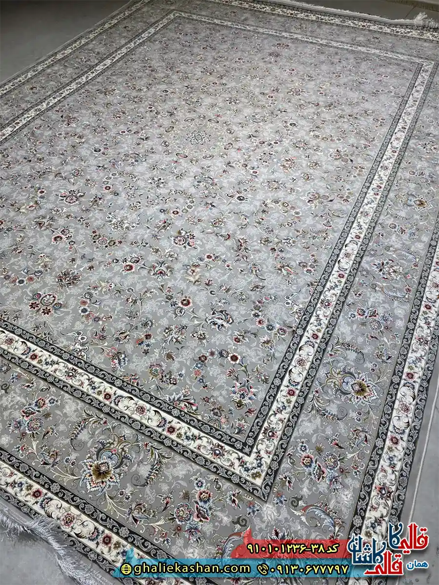 فرش کلاسیک 1200 شانه طرح افشان آیناز رنگ طوسی کاشان اصلی