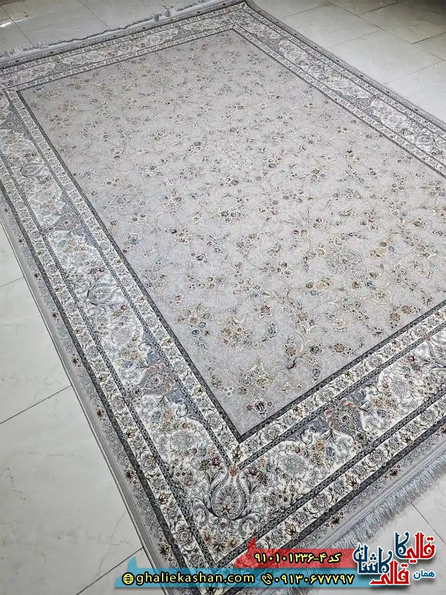 فرش کلاسیک 1200 شانه طرح افشان روشنک رنگ طوسی فیلی کاشان اصلی