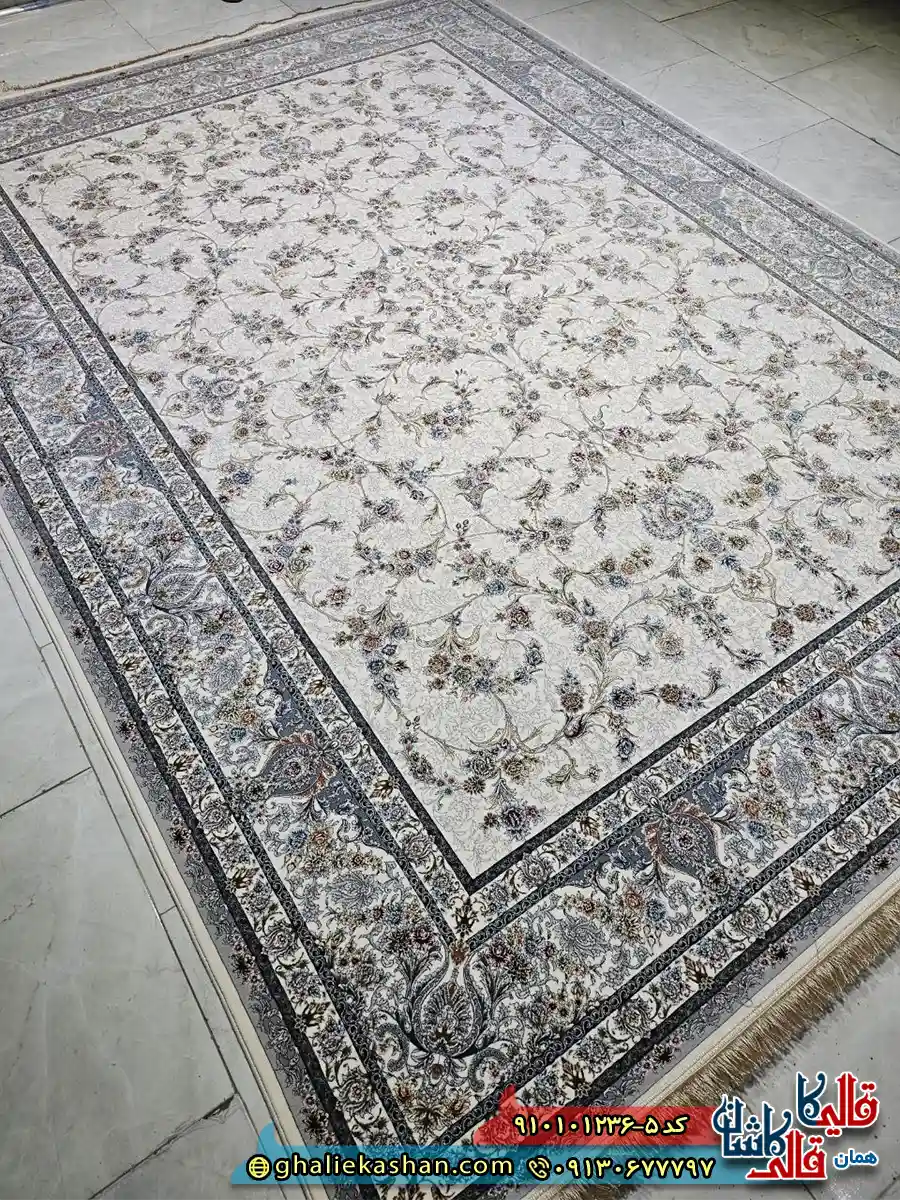 فرش کلاسیک 1200 شانه طرح افشان روشنک رنگ کرم کاشان اصلی