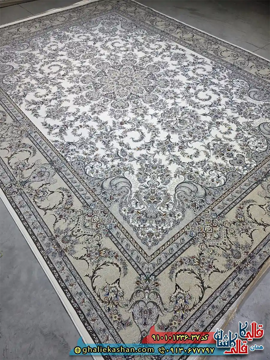 فرش کلاسیک 1200 شانه طرح تابان رنگ کرم کاشان اصلی