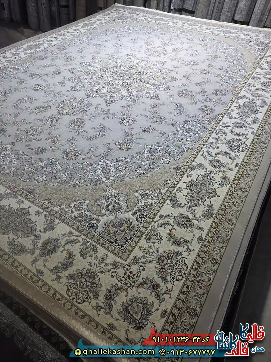 فرش کلاسیک 1200 شانه طرح فروغ رنگ طوسی فیلی کاشان اصلی