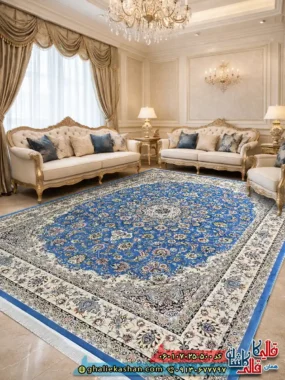 فرش کلاسیک 700 شانه طرح اصفهان رنگ آبی کاشان