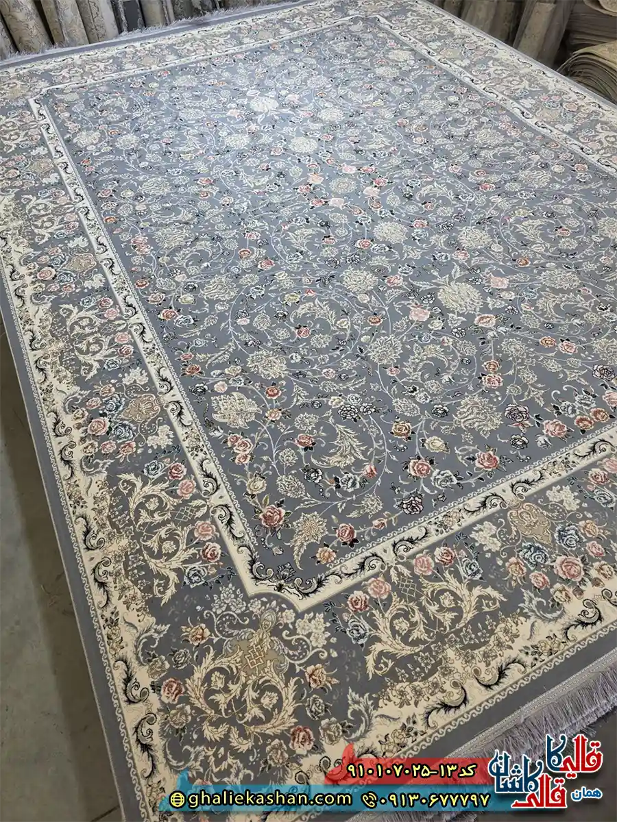 فرش کلاسیک 700 شانه طرح افشان ترلان رنگ طوسی کاشان اصلی
