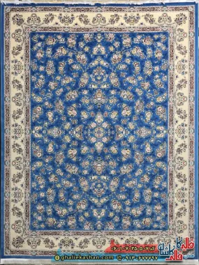 فرش کلاسیک 700 شانه طرح افشان سیمین رنگ آبی کاشان اصلی