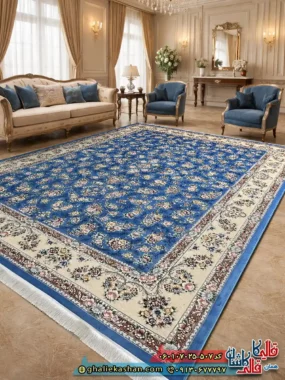 فرش کلاسیک 700 شانه طرح افشان سیمین رنگ آبی کاشان