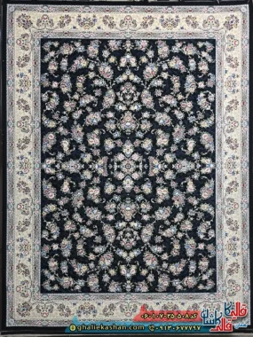 فرش کلاسیک 700 شانه طرح افشان سیمین رنگ سرمه ای کاشان اصلی