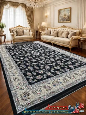 فرش کلاسیک 700 شانه طرح افشان سیمین رنگ سرمه ای کاشان