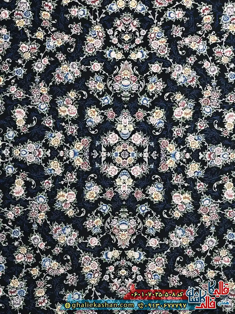 فرش کلاسیک 700 شانه طرح افشان سیمین رنگ سرمه ای کاشان زمینه