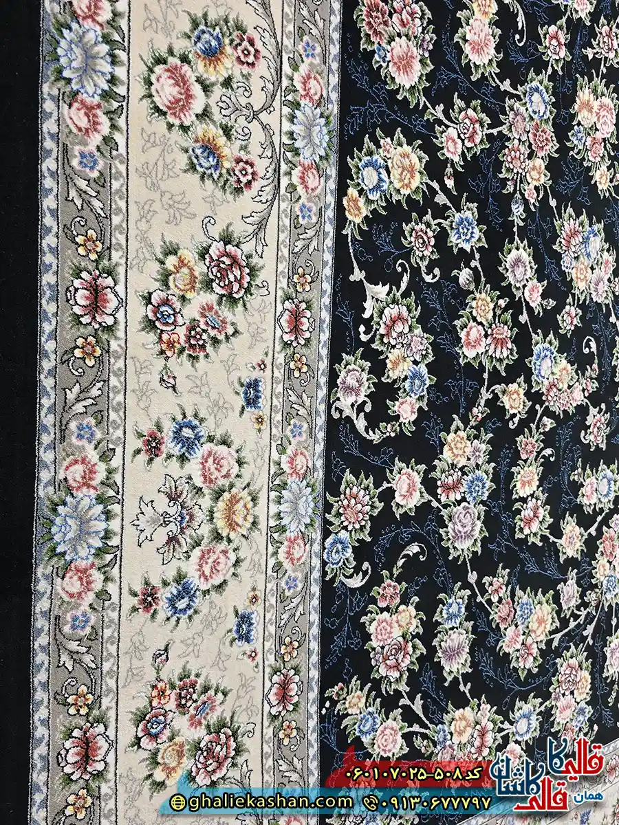 فرش کلاسیک 700 شانه طرح افشان سیمین رنگ سرمه ای کاشان نزدیک