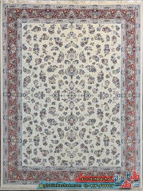 فرش کلاسیک 700 شانه طرح افشان سیمین رنگ کرم گلبهی کاشان اصلی