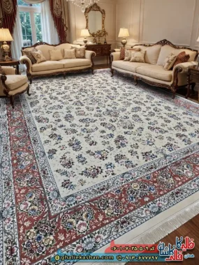 فرش کلاسیک 700 شانه طرح افشان سیمین رنگ کرم گلبهی کاشان