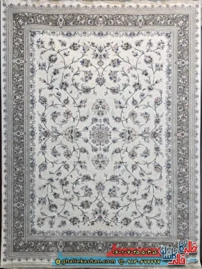فرش کلاسیک 700 شانه طرح افشان مینا رنگ کرم کاشان اصلی