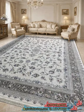 فرش کلاسیک 700 شانه طرح افشان مینا رنگ کرم کاشان