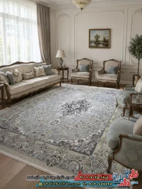فرش ‌کلاسیک ‌700 ‌شانه ‌طرح ‌لیلی ‌رنگ ‌طوسی ‌نقره ‌ای ‌کاشان ‌