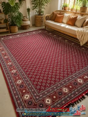فرش کلاسیک سنتی 1200 شانه طرح ترکمن رنگ قرمز لاکی کاشان