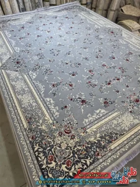 فرش کلاسیک طلاکوب 700 شانه طرح افشان وارتوش رنگ طوسی کاشان