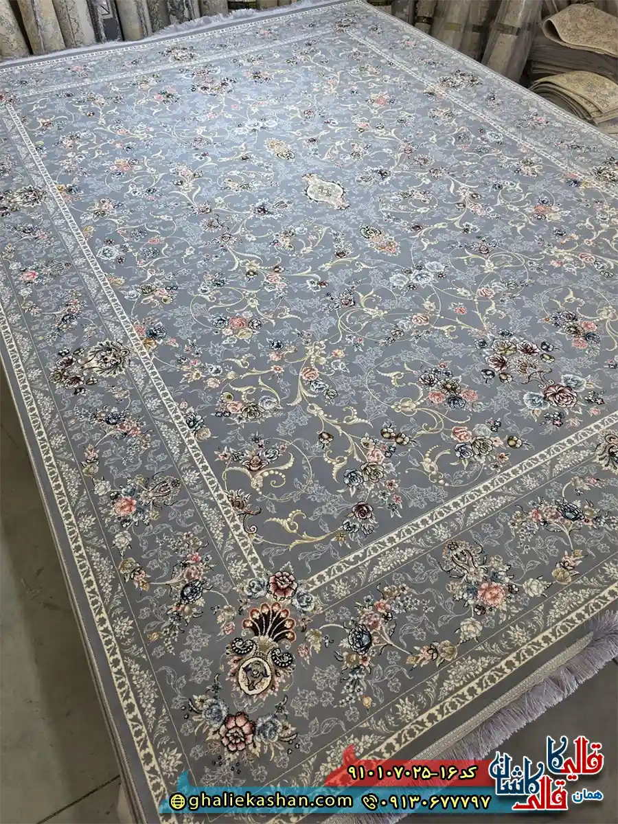 فرش کلاسیک طلاکوب 700 شانه طرح افشان یاسین رنگ طوسی کاشان اصلی