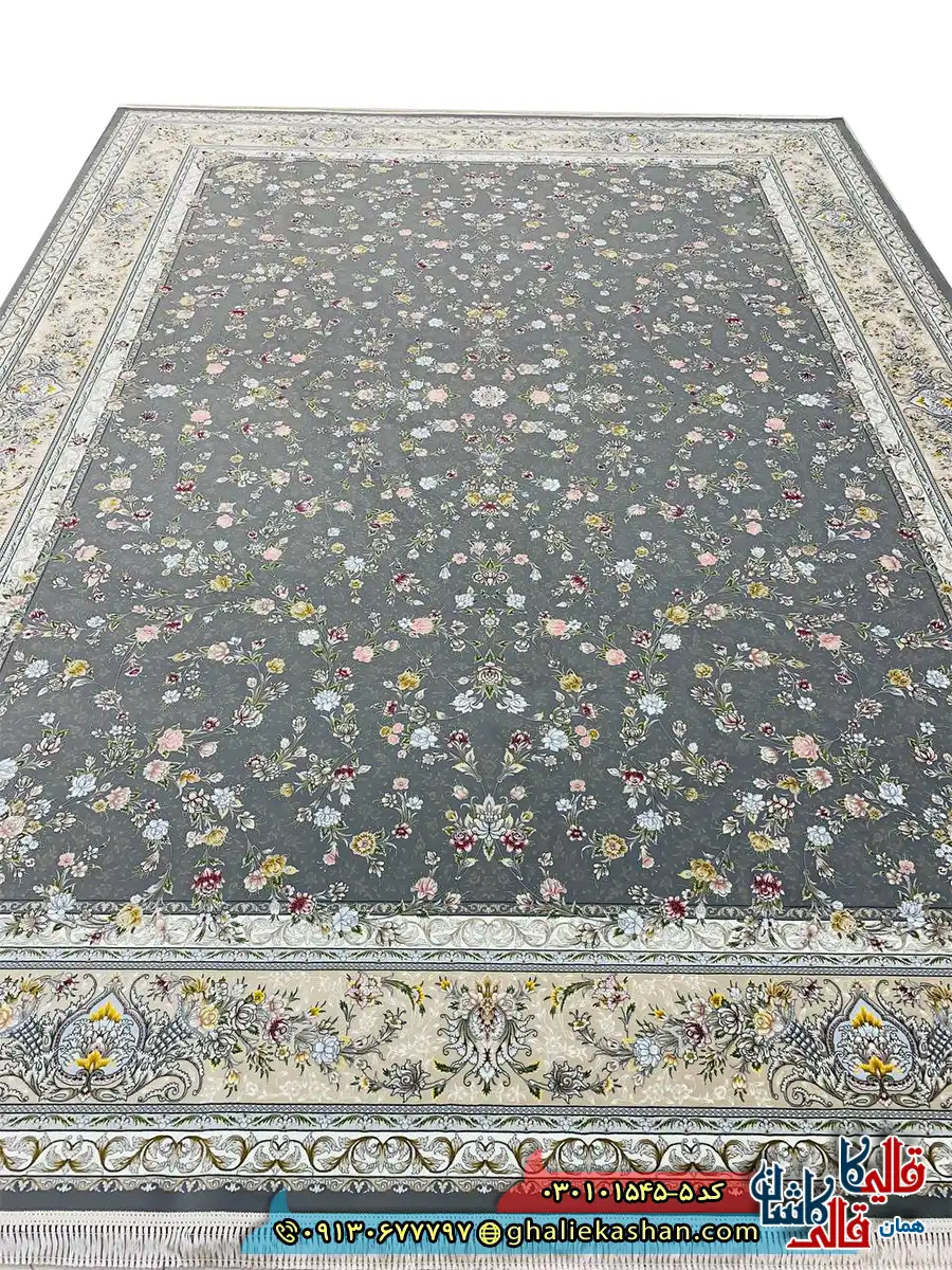 فرش 1500 شانه طرح افشان ارغوان رنگ طوسی کاشان اصلی
