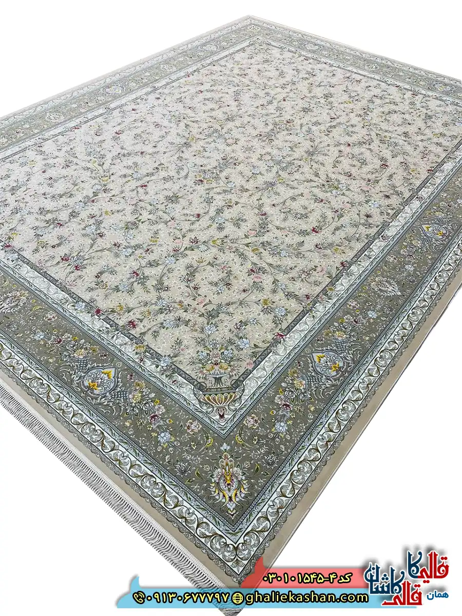 فرش 1500 شانه طرح افشان ارغوان رنگ کرم صدفی کاشان اصلی