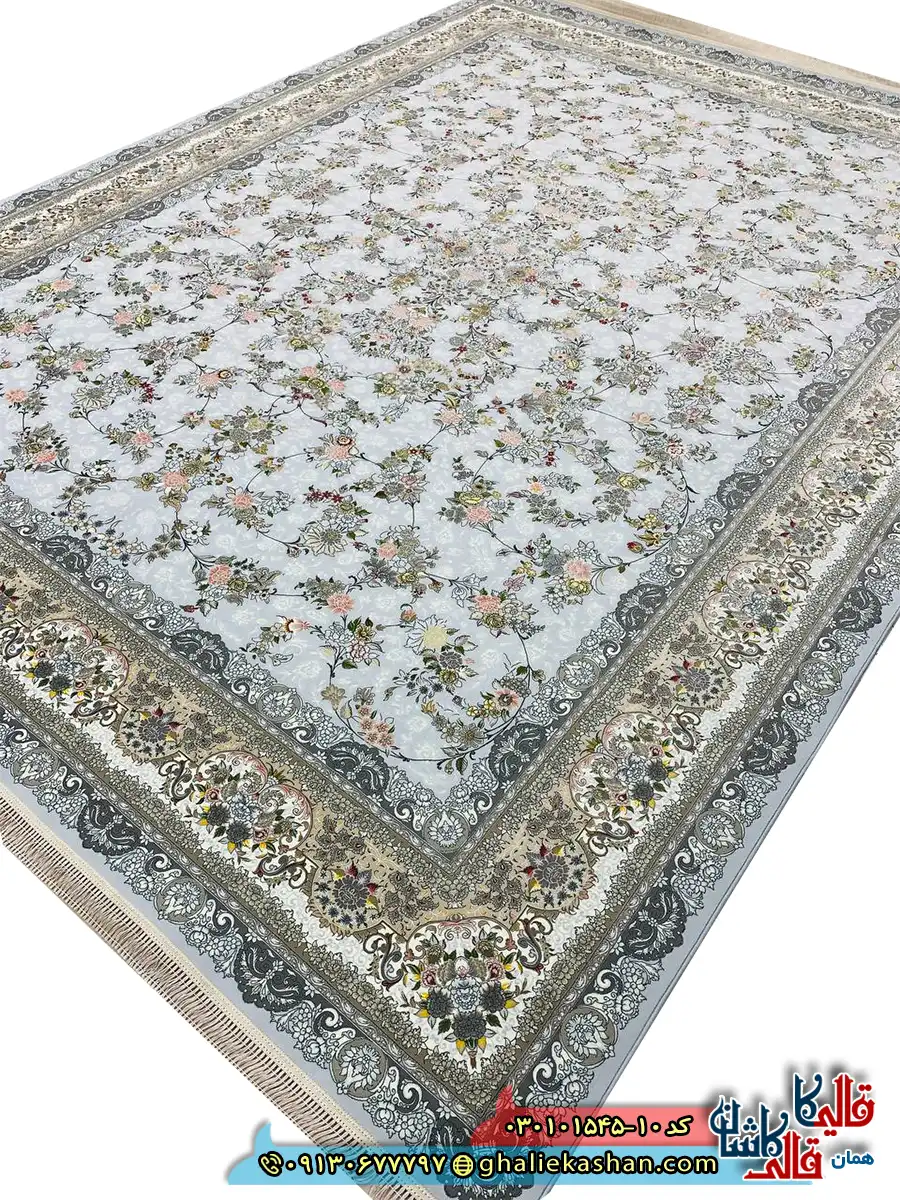 فرش 1500 شانه طرح افشان بهار رنگ الماسی کاشان اصلی