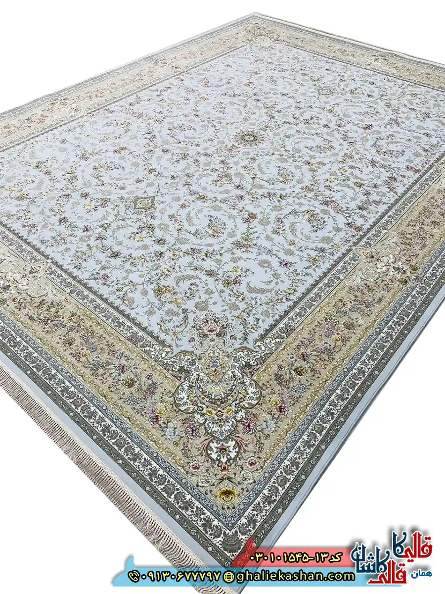 فرش 1500 شانه طرح افشان پروانه رنگ الماسی کاشان دکوراسیون