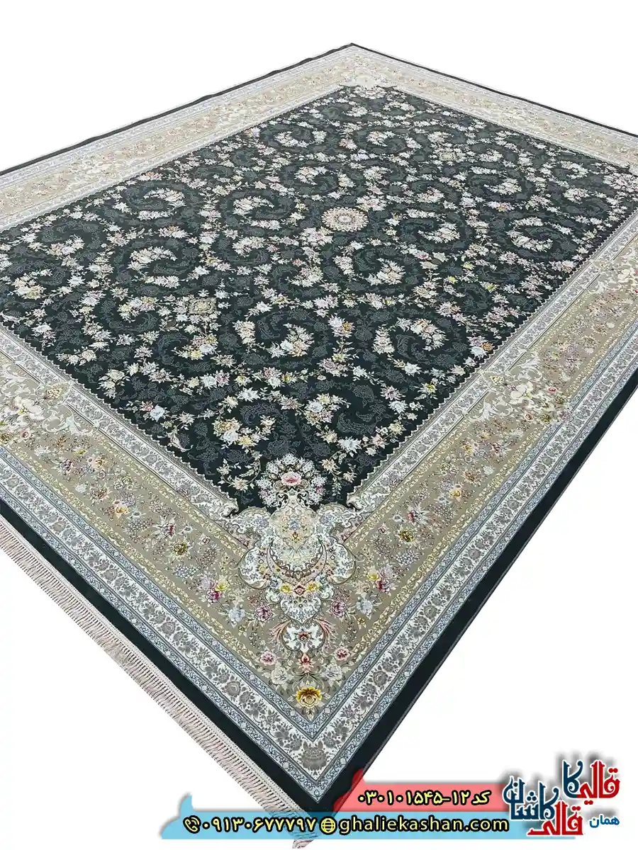 فرش 1500 شانه طرح افشان پروانه رنگ طوسی دودی کاشان اصلی