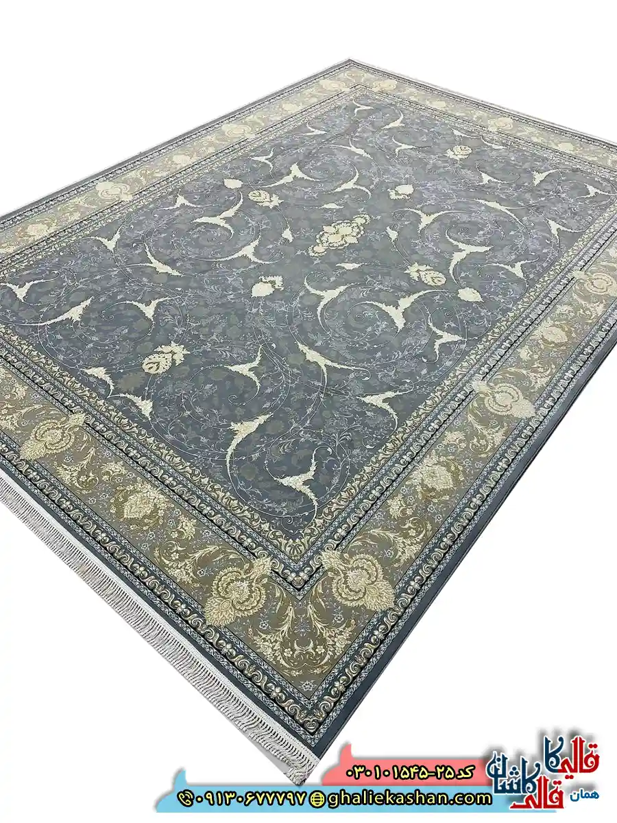 فرش 1500 شانه طرح افشان ژیوا رنگ طوسی کاشان اصلی