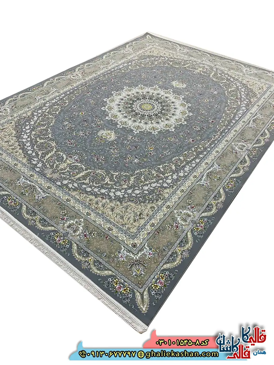 فرش 1500 شانه طرح ایلار رنگ طوسی کاشان اصلی