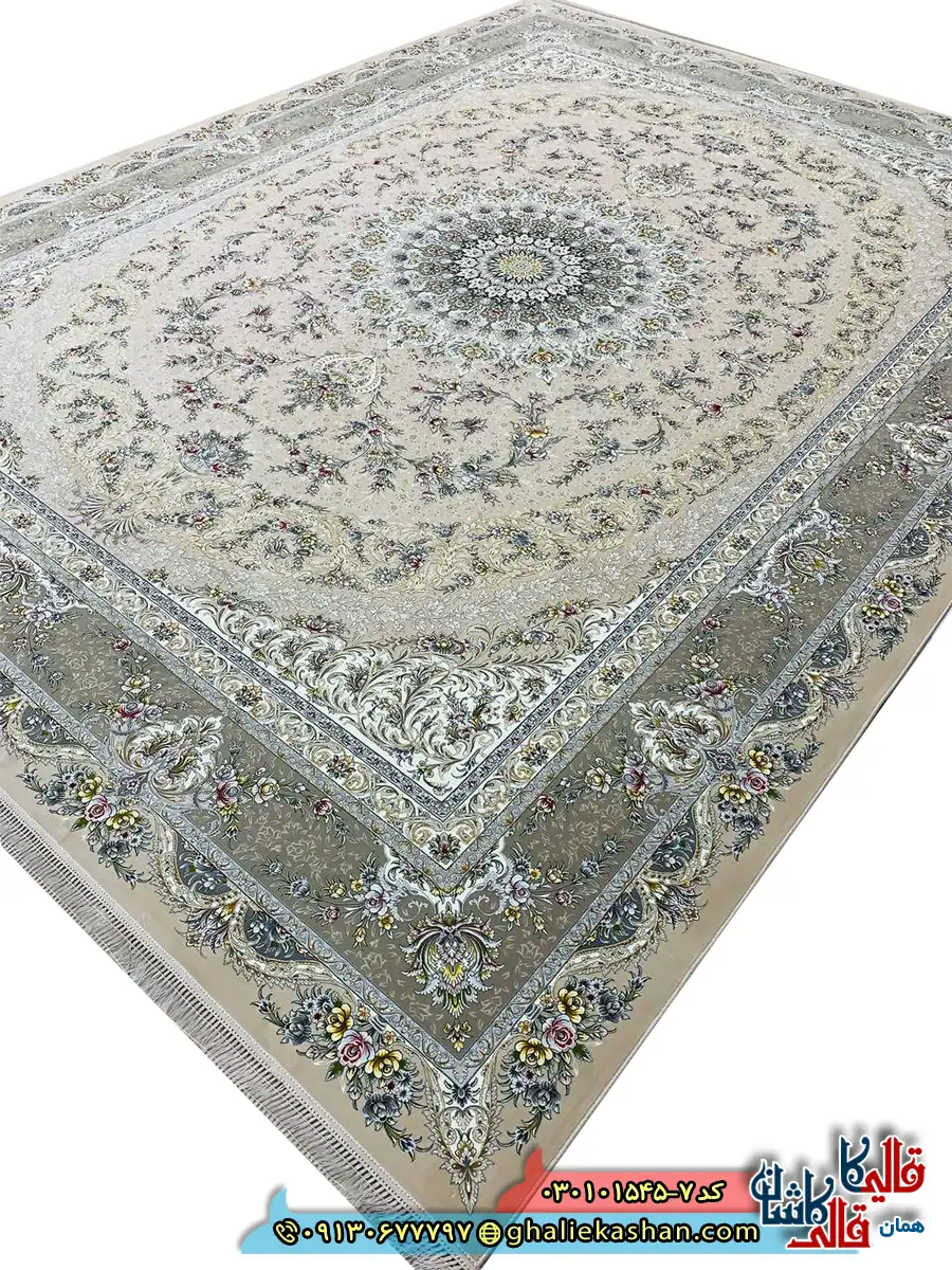 فرش 1500 شانه طرح ایلار رنگ کرم صدفی کاشان اصلی