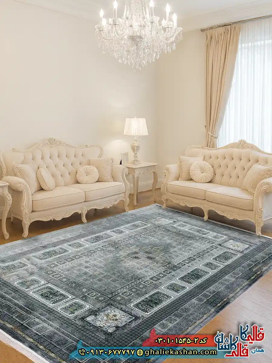 فرش وینتیج خشتی 1500 شانه طرح افشان مارگاریت رنگ طوسی دودی کاشان دکوراسیون