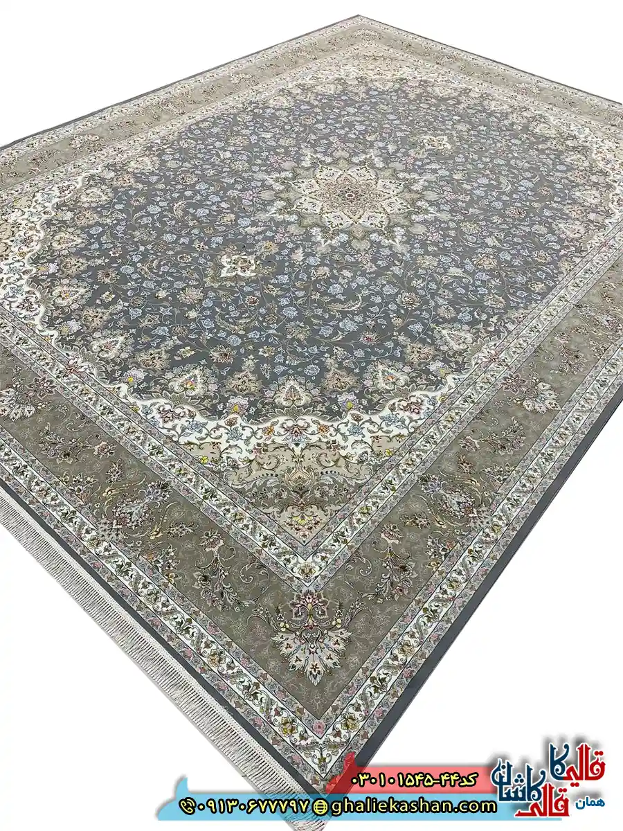 فرش 1500 شانه طرح نیلی رنگ طوسی کاشان اصلی
