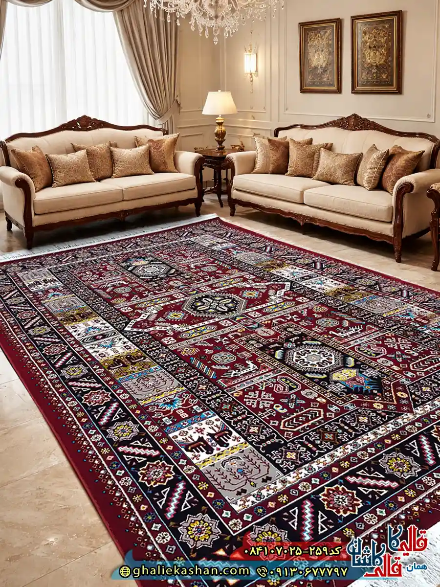 فرش خشتی 700 شانه طرح آیدین رنگ قرمز روناسی کاشان دکوراسیون