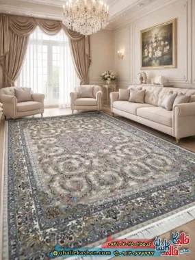 فرش 700 شانه طرح باغ حریر رنگ طوسی نقره ای کاشان