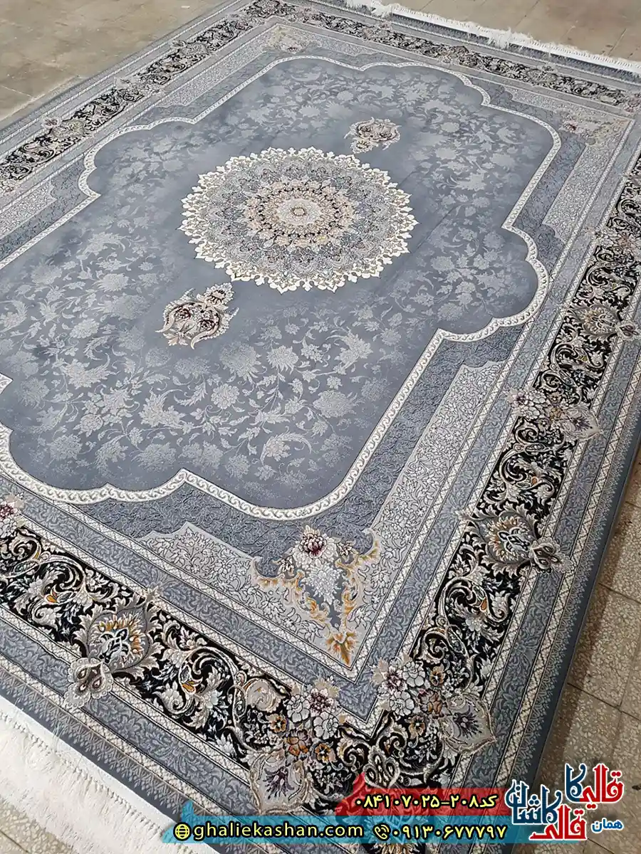 فرش ‌700 ‌شانه ‌طرح ‌سرور ‌رنگ ‌طوسی ‌دودی ‌کاشان ‌زمینه