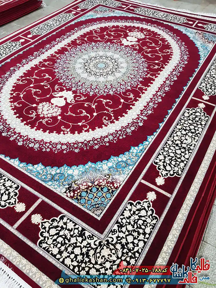 فرش ‌700 ‌شانه ‌طرح ‌صدرا ‌رنگ ‌قرمز ‌روناسی ‌کاشان ‌زمینه ‌2