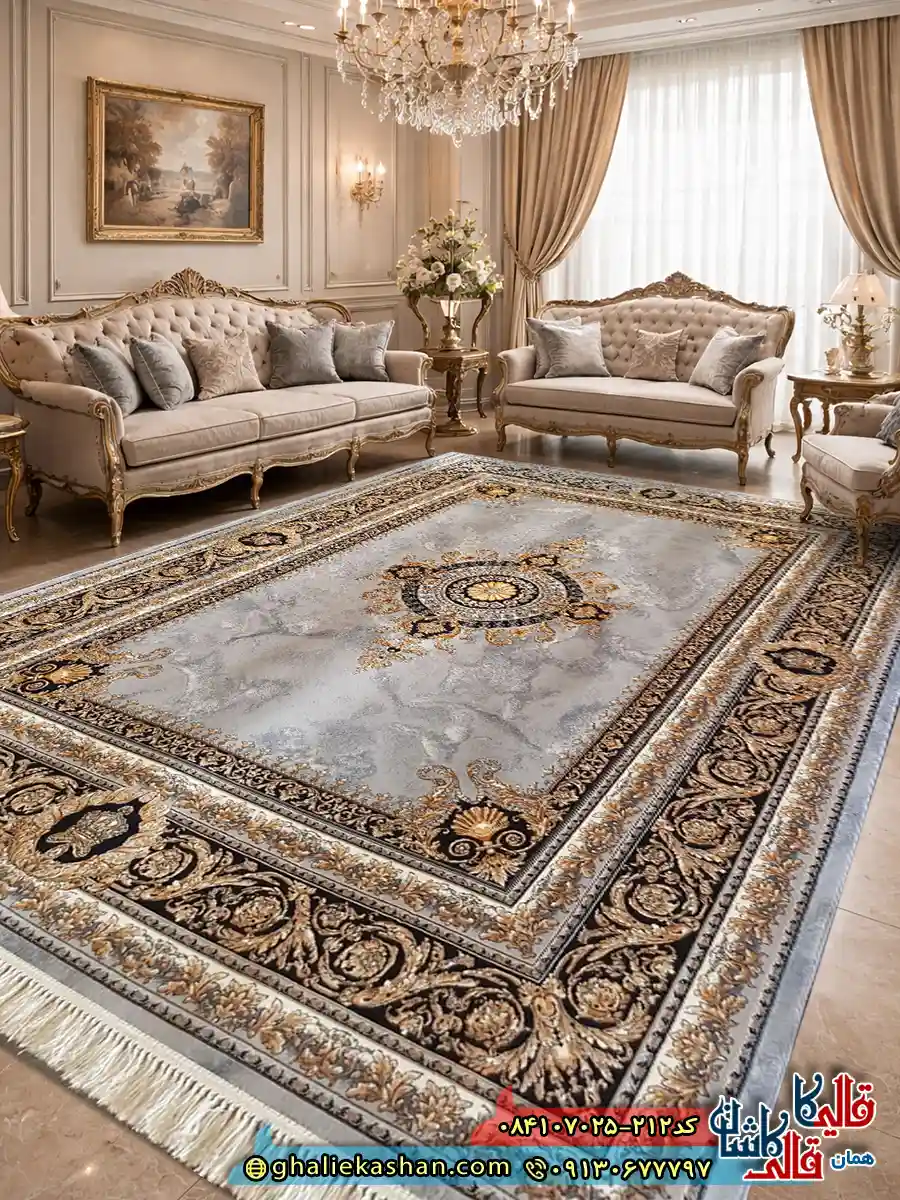 فرش 700 شانه طرح ژیوا رنگ طوسی نقره ای کاشان دکوراسیون