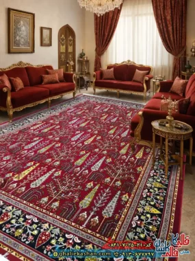 فرش ‌سنتی ‌700 ‌شانه ‌طرح ‌افشان سرو ‌رنگ ‌قرمز ‌روناسی ‌کاشان