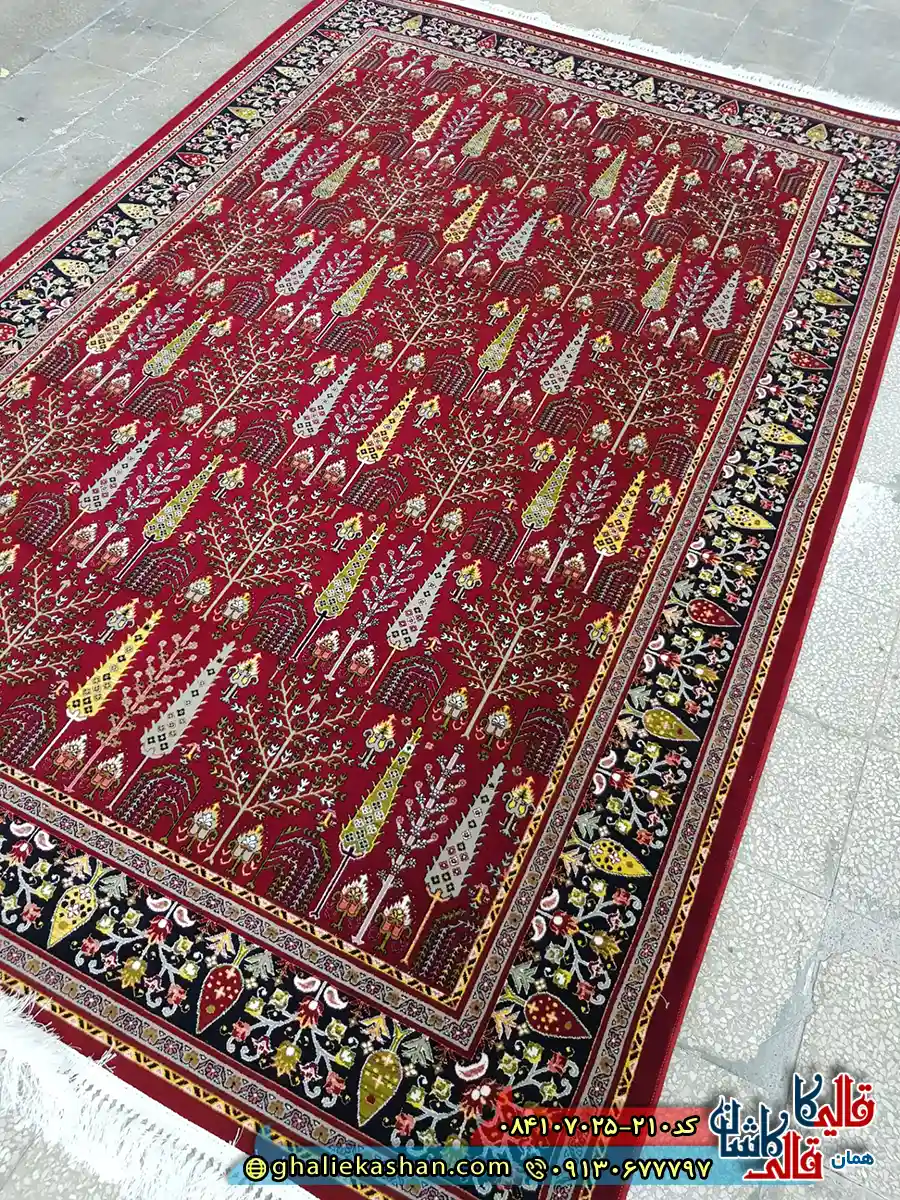 فرش سنتی 700 شانه طرح سرو رنگ قرمز روناسی کاشان زمینه