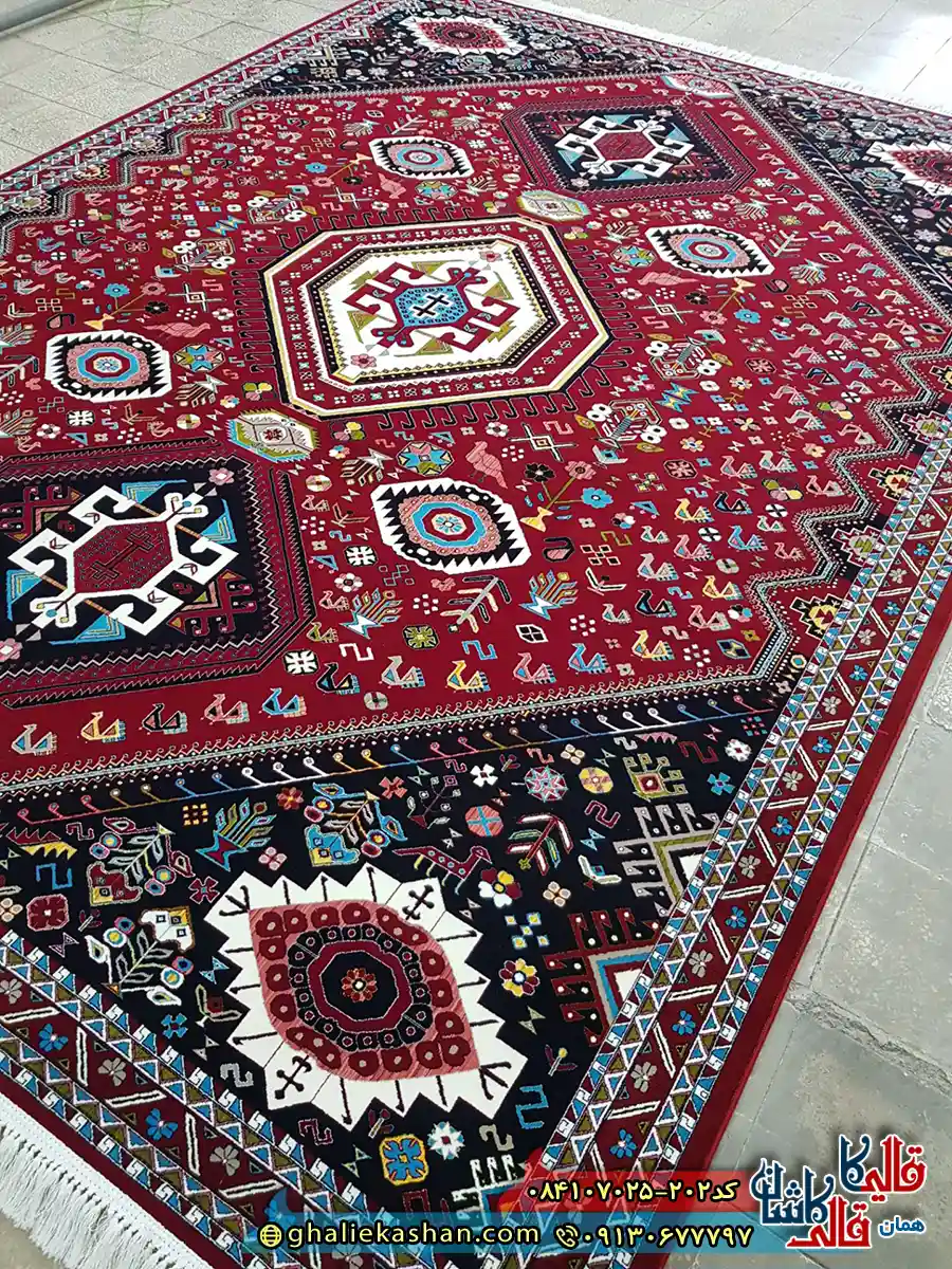 فرش سنتی 700 شانه طرح شاهسون رنگ قرمز روناسی کاشان زمینه