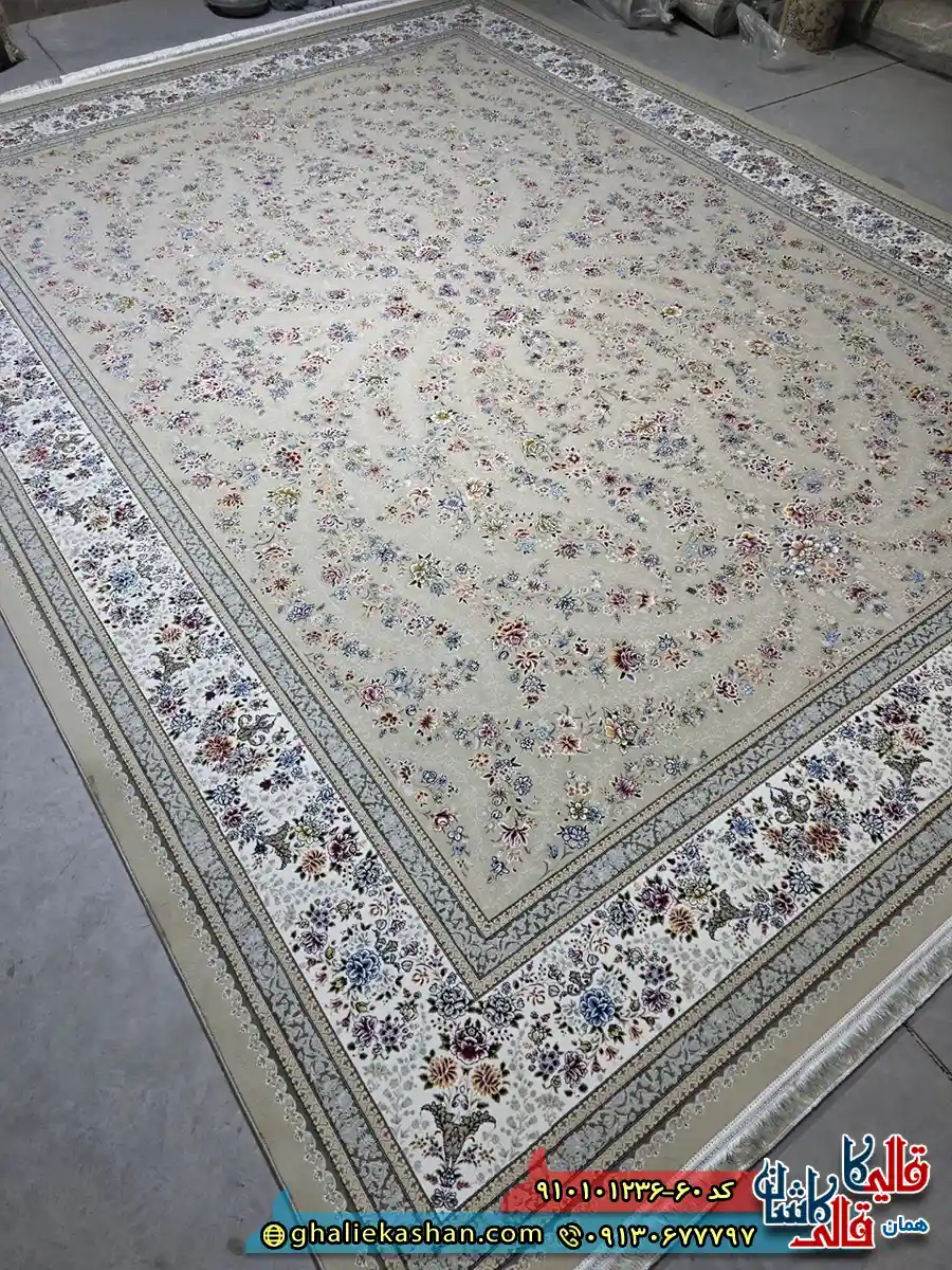 فرش کلاسیک 1200 شانه طرح افشان ناوک رنگ بژ کاشان اصلی