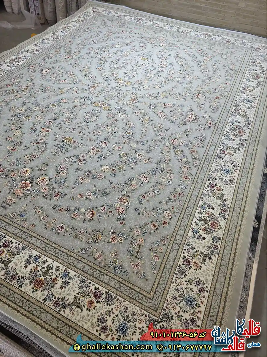 فرش کلاسیک 1200 شانه طرح افشان ناوک رنگ طوسی فیلی کاشان اصلی