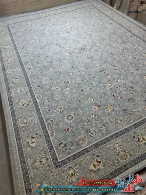 فرش کلاسیک 1200 شانه طرح افشان نیلگون رنگ طوسی کاشان