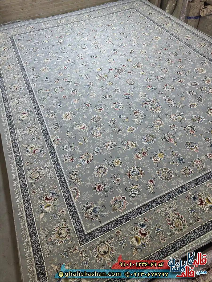 فرش کلاسیک 1200 شانه طرح افشان نیلگون رنگ طوسی کاشان اصلی فرش کلاسیک 1200 شانه طرح افشان نیلگون رنگ طوسی کاشان اصلی