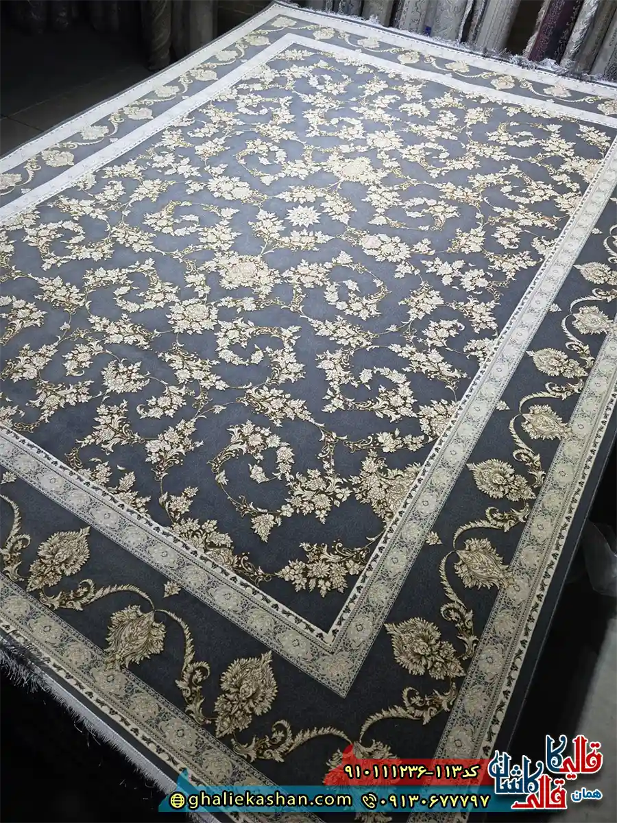 فرش طلاکوب 1200 شانه طرح افشان النا رنگ طوسی دودی گل طوسی گل برجسته کاشان اصلی
