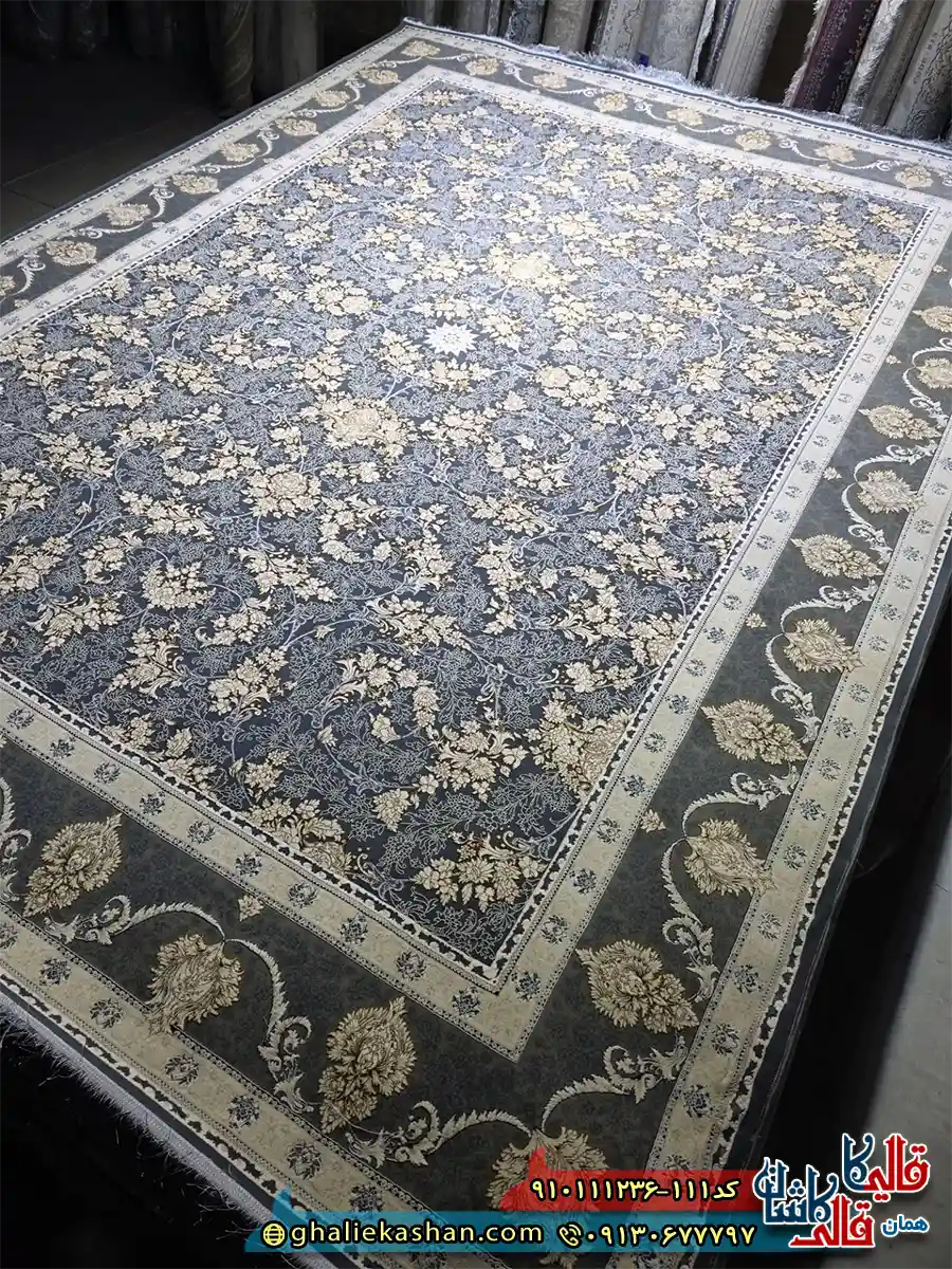 فرش طلاکوب 1200 شانه طرح افشان النا رنگ طوسی دودی گل کرم گل برجسته کاشان اصلی