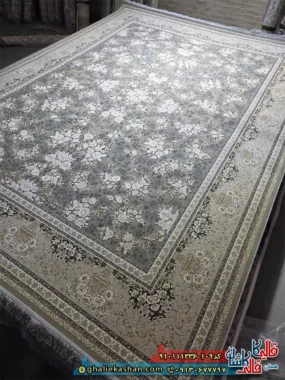 فرش طلاکوب 1200 شانه طرح افشان صفا رنگ طوسی فیلی گل برجسته کاشان