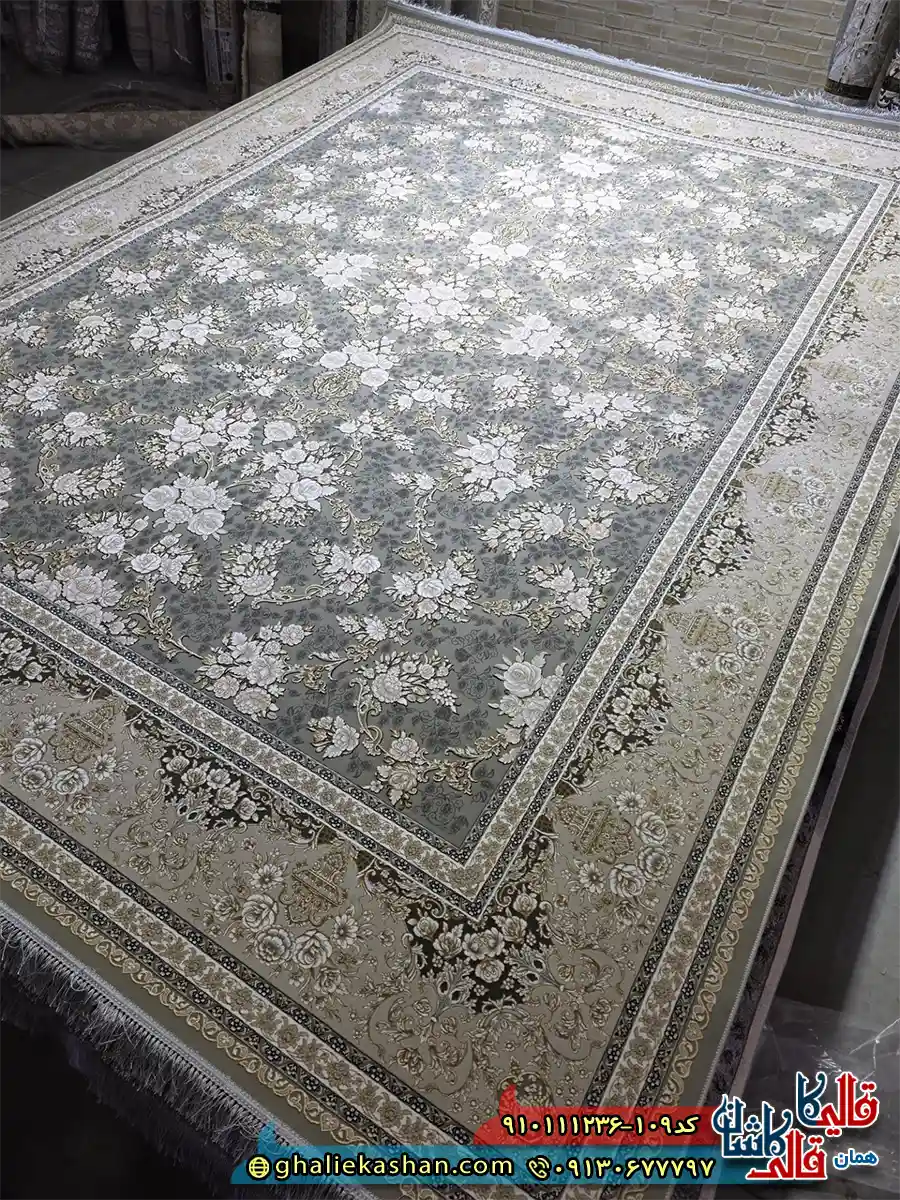 فرش طلاکوب 1200 شانه طرح افشان صفا رنگ طوسی فیلی گل برجسته کاشان اصلی فرش طلاکوب 1200 شانه طرح افشان صفا رنگ طوسی فیلی گل برجسته کاشان اصلی