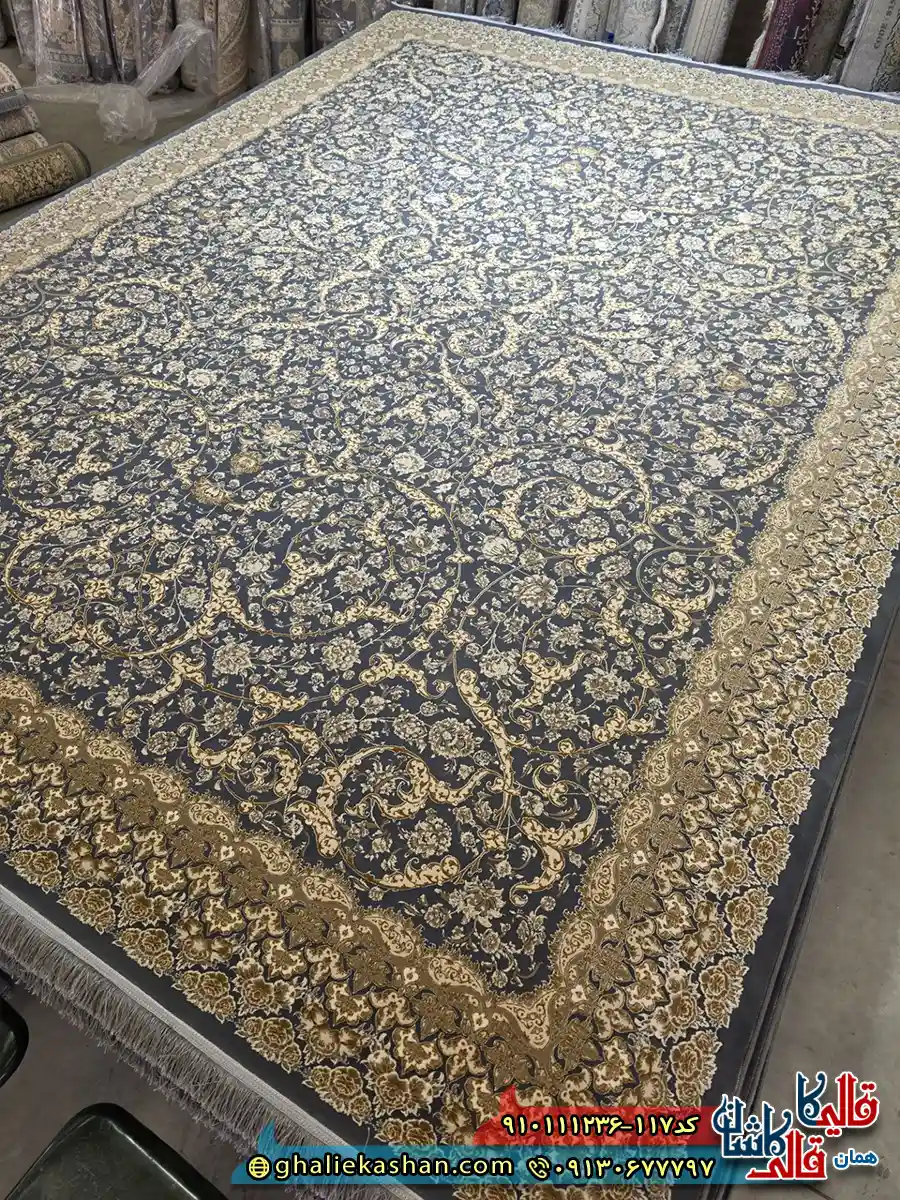 فرش طلاکوب 1200 شانه طرح افشان لوتوس رنگ طوسی دلفینی گل برجسته کاشان اصلی فرش طلاکوب 1200 شانه طرح افشان لوتوس رنگ طوسی دلفینی گل برجسته کاشان اصلی