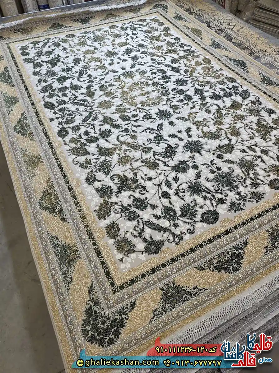 فرش طلاکوب 1200 شانه طرح افشان هدیه رنگ طوسی نقره ای سبز گل برجسته کاشان اصلی فرش طلاکوب 1200 شانه طرح افشان هدیه رنگ طوسی نقره ای سبز گل برجسته کاشان اصلی