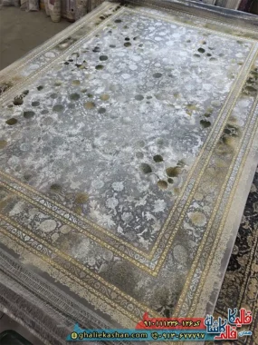فرش طلاکوب وینتیج 1200 شانه طرح افشان باراد طلا رنگ طوسی فیلی سبز گل برجسته کاشان
